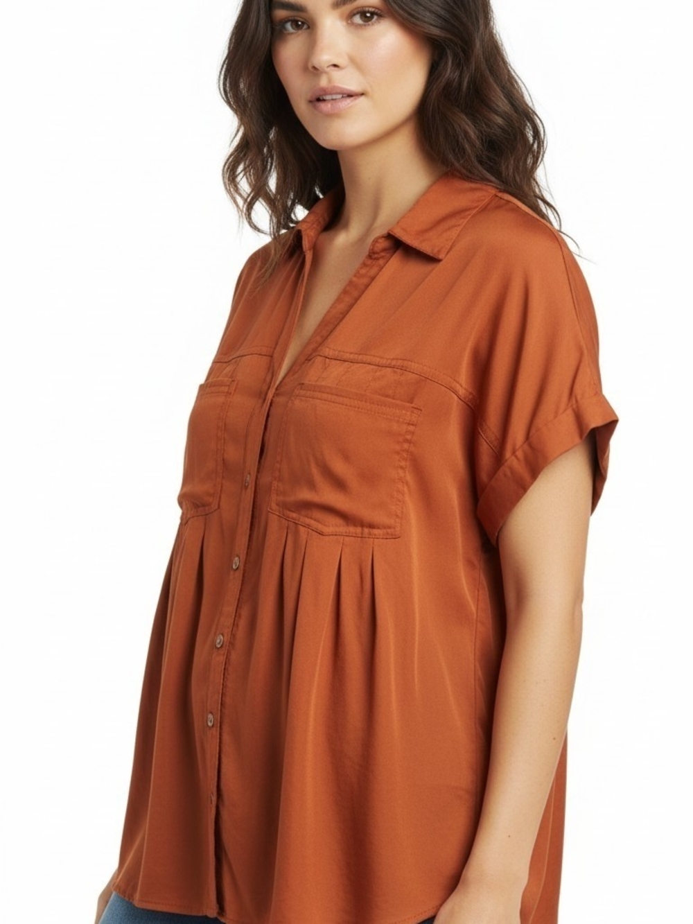Style & Co Women's Short Sleeves Collared Top Lightweight Orange/Rust Boho M